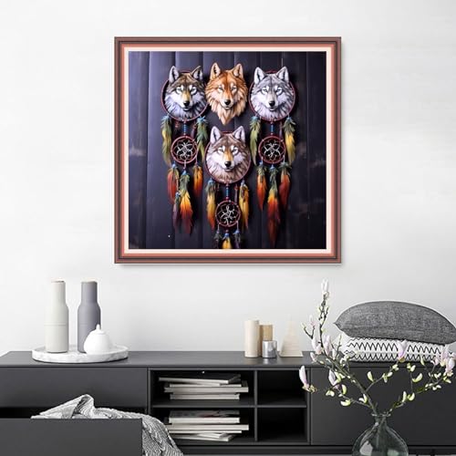 Image of Joyhoor Cross Stitch Kits for Beginners Stamped Cross-Stitch Supplies Needlework preprint Embroidery Kits for Adults DIY Needlepoint Kits Embroidery Patterns 11CT-Wolf Wind Chime 18.x18 inch
