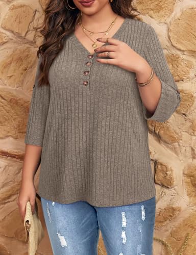 Image of Koscacy Women Plus Size V Neck 3 /4 Roll Sleeve Sweater Casual Knit Tops Solid Color Blouses