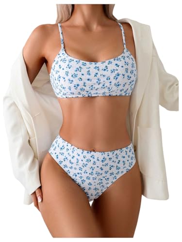 SOLY HUX Women's 2 Piece Bathing Suit Floral Print High Waisted Scoop Neck Cute Bikini Set Beachwear