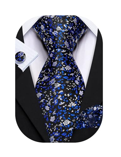 Image of Barry.Wang Flower Ties for Men Handkerchief Cufflinks Set Wedding Necktie Set Party