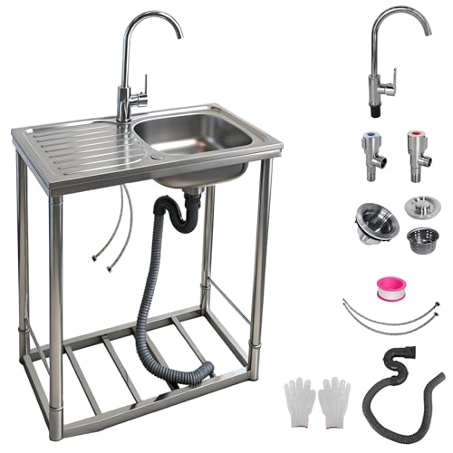 Outdoor Sink with Hose Hook Up, Free Standing Stainless Steel Utility Sink, Single Bowl Portable Sink Hand Wash Station for Camping, Backyard, Garden, Kitchen, Garage