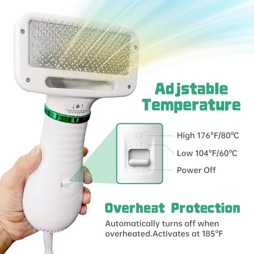 Image of 2 in 1 Pet Hair Dryer Brush for Dogs & Cats | Pet Grooming Slicker Brush with Adjustable Heat | Low Noise Deshedding Dryer Brush for Small, Medium & Large Pets | One Hand Grooming Tool