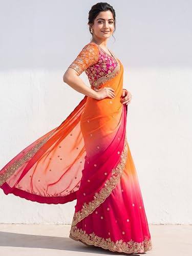 Image of Amazon Brand - Tavasya Fancy Fendy Satin Silk Saree with Multi Sequence Embroidery Work | Heavy Embroidered Wedding Party look Saree with Running Blouse Piece