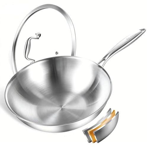 DELARLO Tri-Ply Stainless Steel Woks, 12 Inch Healthy Non-Toxic Cooking Wok Pan with Lid, Wide & Deep Cookware Stir-Fry Pans, Dishwasher and Oven Safe Up To 600°F, Works on Induction