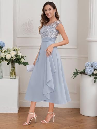 Tea Length Mother of The Bride Dresses for Women Lace Applique Chiffon Formal Evening Dress with Sleeves3