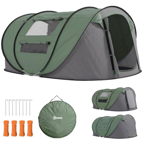 Image of Outsunny 3 Person Pop-up Camping Tent w/Ground Sheet 4 Windows Dark Green