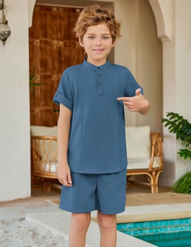 Image of Arshiner Boy's 2 Pieces Linen Sets Short Sleeve Henley Shirt and Shorts Summer Beach Matching Outfits 4-12 Years