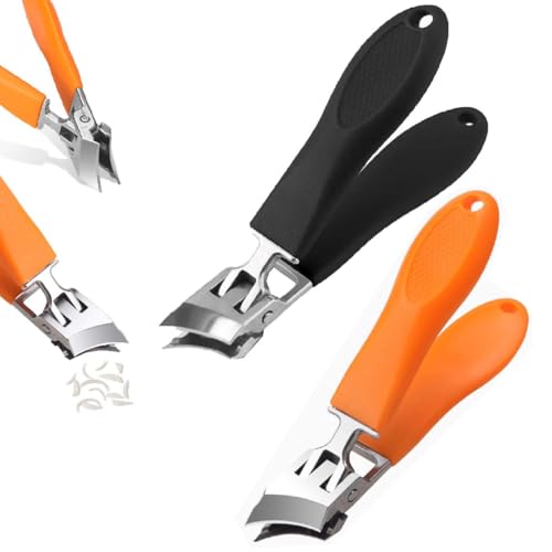 ワイドジョーオープニングアンチスプラッシュ斜め爪切り、斜めの爪切り、スプラッシュなしの爪切り、湾曲した足の爪切り、厚い足の爪と陥入爪用の斜めの湾曲した爪切り、広い顎開口部の長い角度のハンドル、高齢者、男性、女性用 (黒+オレンジ)