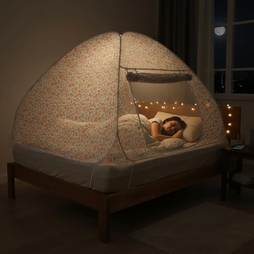 Image of Wakefit Floral Print Mosquito Net for Double Bed | King Size Foldable Machardani | Lightweight & Breathable | Polyester 30GSM Strong Net | PVC Coated Corrosion Resistant Steel Wire - Floral