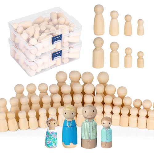 KEJJNYER 100 Pack Wooden Peg People Assorted Size Wooden Peg Dolls with Storage Case Unfinished Wood People Figures for Craft Art Projects and Decoration(1.3 to 2.56 Inch)