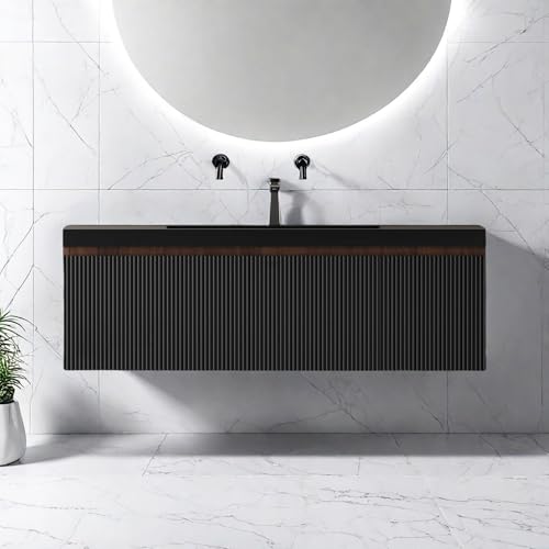 Image of Wall Mounted Bathroom Sink Vanity, Modern 48 inch Floating Vanity with Resin Basin, U-Shaped Soft-Close Storage Drawer & Side Door, Striped Bathroom Storage Cabinet with Invisible Handle, Black