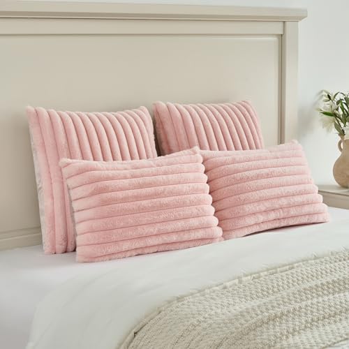 FUTEI Pink Striped Decorative Throw Pillow Covers 20x20 Inch Set of 2,Square Winter Decorations Couch Pillow Case,Soft Cozy Faux Rabbit Fur & Velvet Back,Modern Home Decor for Bed