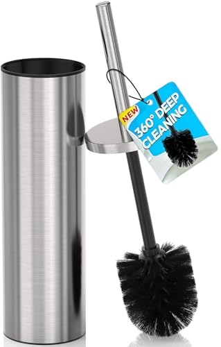 Image of DOWRY Stainless Steel Toilet Bowl Brush and Holder for Bathroom, Deep Cleaning Toilet Brush and Holder Set with Long Handle, Hidden Toilet Bowl Brush with 2 Heads,Modern Decor Nickel Brushed Round