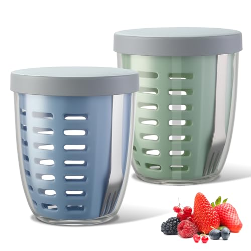 2 Stück Obst- & Gemüsetopf Ellipse, 600ml Obstbehälter mit Siebeinsatz Deckel und Gabel Obstbox Meal Prep Box mit luftdichtem Deckel wiederverwendbar für Obst und Gemüse unterwegs(Blau + Grün)