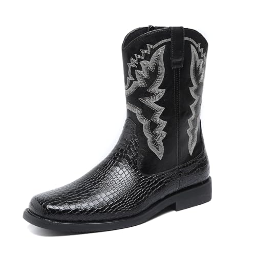 Santimon Men's Crocodile Western Cowboy Boots, Side Zipper, Mid Calf, Silver Stitching, Square Toe Leather Boots