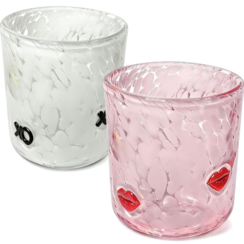 YinNorth 2 Pcs Valentine Icon Juice Glass 14oz Xo Red Lip Drinking Cocktails Glasses Cute Pink White Stemless Wine Glasses Handblown Old Fashioned Couple Cups for Her Wife Women Birthday Lovely Gifts