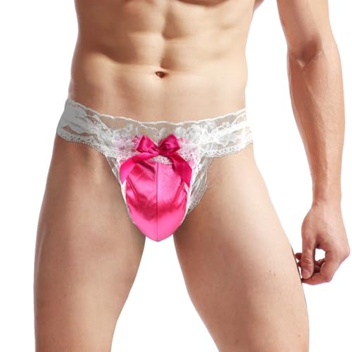 VemeFufu Tanga Satén para Hombre Sexy Encaje Eróticas Ropa Interior Bikini Thong Slips Sissy Calzoncillos Masculina Lenceria 1 Pack Rojo Rosa
