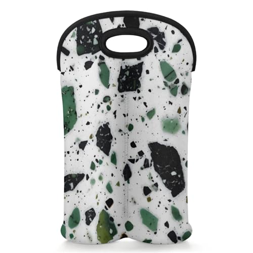 GzLeyigou 2 Bottles Green White Marble Wine Bag Sleeve Totes Stone Texture Neoprene Protective Wine Carrier Bag for Wine,Water, Champagne, Beer, Baby Bottles,Gift 14.5 x 10 Inches