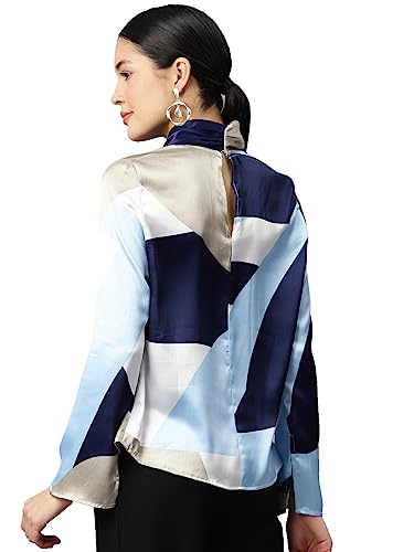 Image of IVES Women's Blue Printed High Neck Top High Neck Hook and Eye Standard Length Full Sleeve Polyester Western Casual and Office Wear Good Choice for Women and Girls
