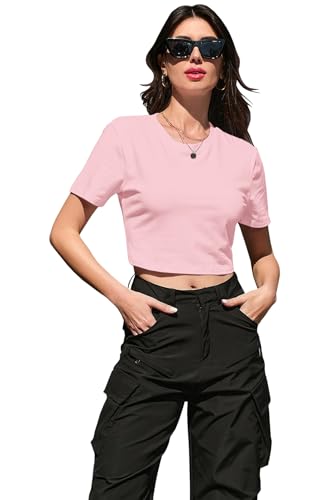 Image of Betusline Girls & Women Basic Summer Short Sleeve Slim Fit T-Shirts Soft Crewneck Crop Y2k Tee Cute Gym Fashion Clothes