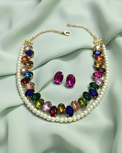 Image of Mansiyaorange Statement AD CZ American Diamond Cubic Zerconia Pearl Necklace Set | Gold Plated Chunky Fashion Jewelry for Women & Girls