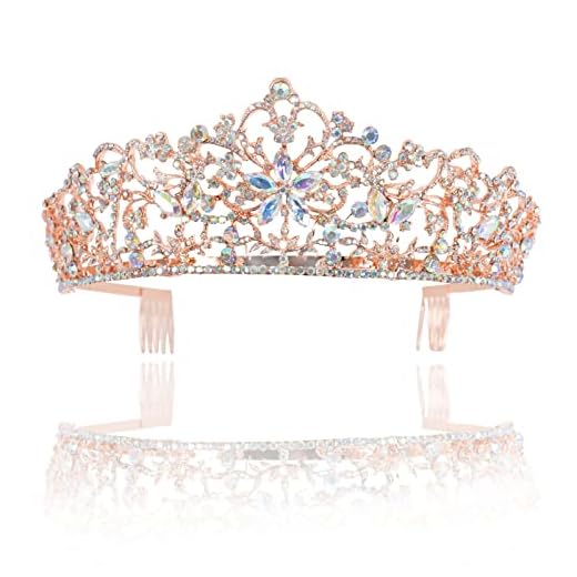 WEWBABY Rose Gold Crown for Women Valentine's Day Vintage Queen Crown with Comb AB Crystal Rhinestone Bridal Tiara for Bride Girls Bridesmaid Elegant Wedding Tiara Suitable for Christmas Party Pageant Prom