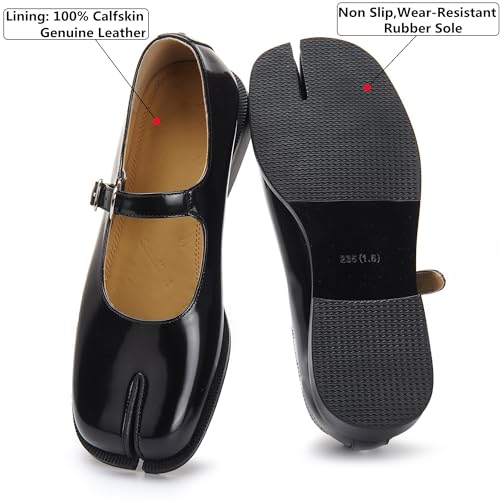 Women's Mary Jane Tabi Shoes,Split Toe Patent Leather Dress Flats with Square Toe and Buckle Strap3