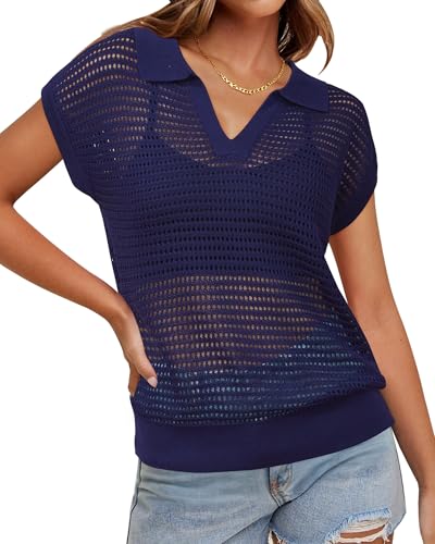 Image of Arach&Cloz 2025 Women's Crochet Cap Sleeve Knit Tops Spring Summer Shirts Lightweight Collared Hollow Out Casual Blouses