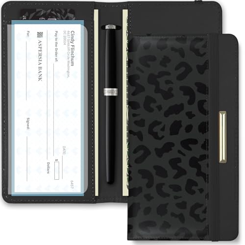 Kakurookie Letter Checkbook Cover, RFID Blocking Checkbook, Stylish, Lightweight, Slim Durable, Multi-Functional Checkbook Holder for Personal and Business Checks (Leopard-Black)