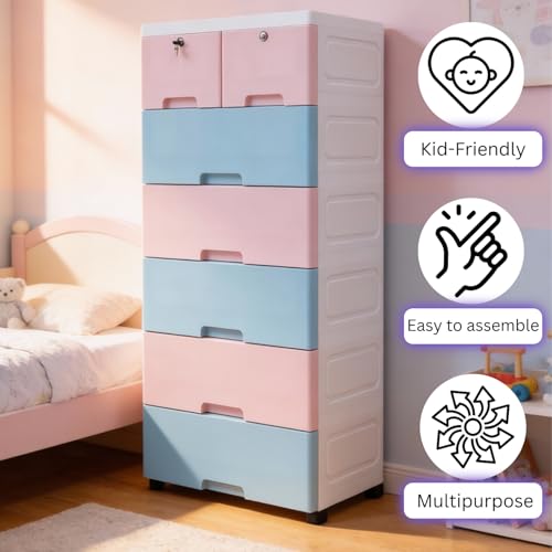 Image of The Tickle Toe Plastic Chest of 7 Drawers for Kids | Pink & Blue Multipurpose Organizer with 2 Locks | Dresser Storage Cabinet for Toys & Clothes | Glossy Finish | 51L x 33W x 121H cm