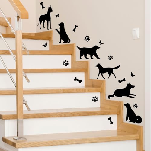 犬 シルエット ウォールステッカー 階段用 壁紙シール 保育園 子供部屋 寝室 装飾用 DIY ステッカー 足跡と骨のデザイン 黒 ウォールシール 剥がせる 壁紙シール インテリア 壁装飾 シールのサムネイル