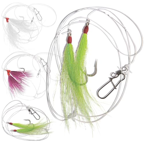 Uncle Mos Tackle - 3 Pack Fluke Flounder Ocean Hi/Lo Hey Now Rig Multicolor BUCKTAIL Teaser Hook for Saltwater Size 5/0 Hook- 40lb Heavy Duty Mono 3ft Long - Black Duo-Lock Snaps - Hand Tied