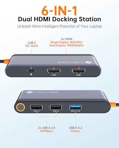 NOVOO USB-C Docking Station, Dual Monitor HDMI Adapter, 100W PD, 4 USB Ports, Thunderbolt 3/4 Dock for Dell HP, Lenovo, Asus - Image 2