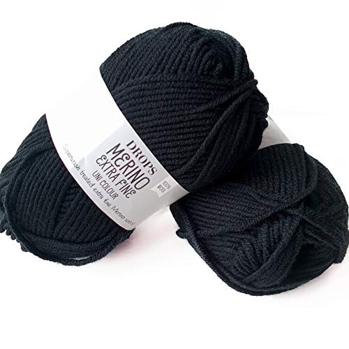 Superwash Merino Wool Yarn for Knitting and Crocheting, 3 DK or Light Worsted, Worsted, DK Weight, Drops Merino Extra Fine, 1.8 oz 115 Yards per Ball (02 Black)