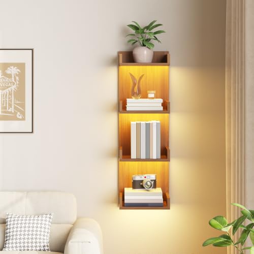 Image of HOOBRO Floating Wall Shelves with LED Lights, Floating Shelf Wall Mounted | Shelf for Storage, Vertical Display Stand, Modern Column Rack, for Bedroom, Livingroom, 4-Tier, 35.4 Inches, Walnut