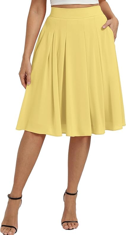 Belle Poque Damen Elegante Midi Rock Hochtaillierter A-Linie Basic Plissee Skater Röcke Mit Taschen Hell Gelb M