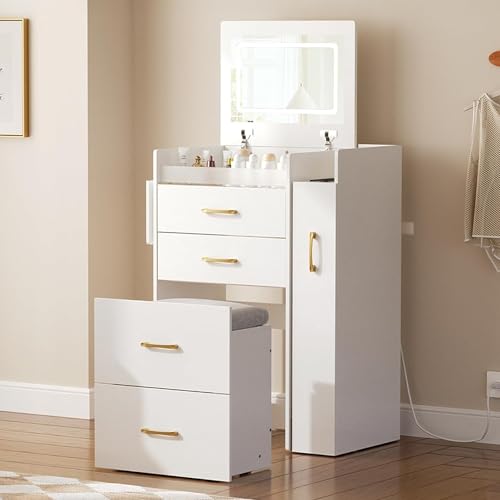 Herture 3 in 1 Vanity Desk with Flip Top Mirror, LED...