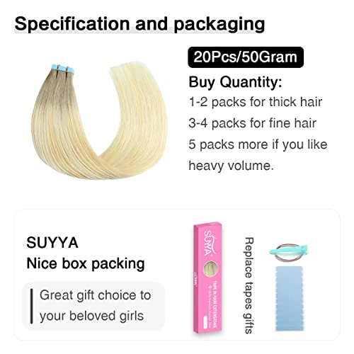 Image of SUYYA Tape In Hair Extensions Human Hair 20 Inch #P22 /60 /T18 Balayage | Remy Human Hair, Invisible Skin Weft, Straight Hair, 20PCS 40G, Ash Blonde to Medium & Platinum Blonde Balayage, Added Length