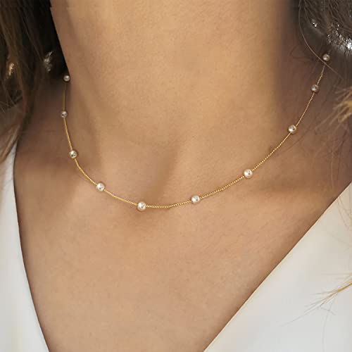 Gold Pearl Necklace For Women, 14K Gold Plated Pearl Necklaces For Women Trendy Simple Pearl Chain Beaded Necklace Dainty Pearl Choker Necklace For Women Girls Gold Jewelry Gifts #TOP2