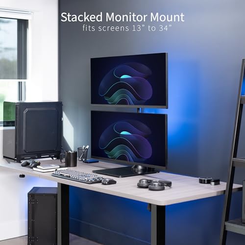 Image of VIVO Dual Monitor Desk Stand with Tempered Glass Base, Free-Standing LCD Mount, Holds in Stacked Vertical Position 2 Ultrawide Screens up to 34 inches, Black, STAND-V002LG