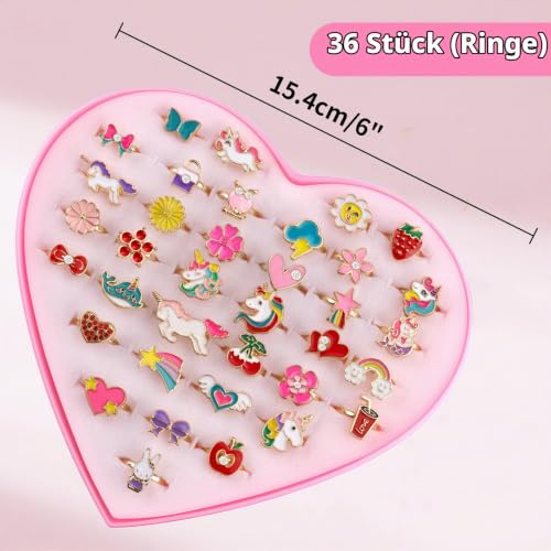 Foydream 36 Stück Kinderringe Mädchen, Schmuck Verstellbare Ringe für Einhorn, Kinderringe Mädchen mit Herzform Vitrine Perfekt für Kinder Geburtstag Party Favors
