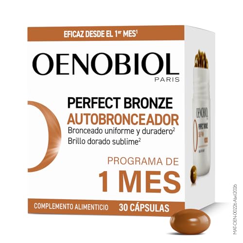 OENOBIOL PERFECT BRONZE Autobronceador - Acelerador Bronceado Corporal y Facial con Protección Solar, Con Astaxantina, Cúrcuma, Licopeno y Luteina - Complemento alimenticio 30 cápsulas