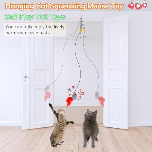 Image of Cat Toy, 2 Pack Cat Mouse Toy with Squeaky Sound Door Hanging Interactive Cat Toy, Realistic Size Mice with Randomly Colored Feather Tail Hanging Retractable Kitten Toy for Bored Indoor Adult Cat Play