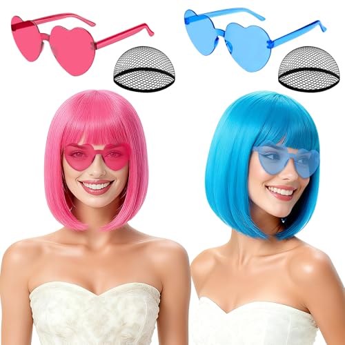 Image of 2 Pack Colored Bob Wigs and Heart Sunglasses Set, Blue Hot Pink Short Straight Bob Wig with Bangs Neon Party Colorful Synthetic Hair for Women Men Halloween Costume Bachelorette Party Favors