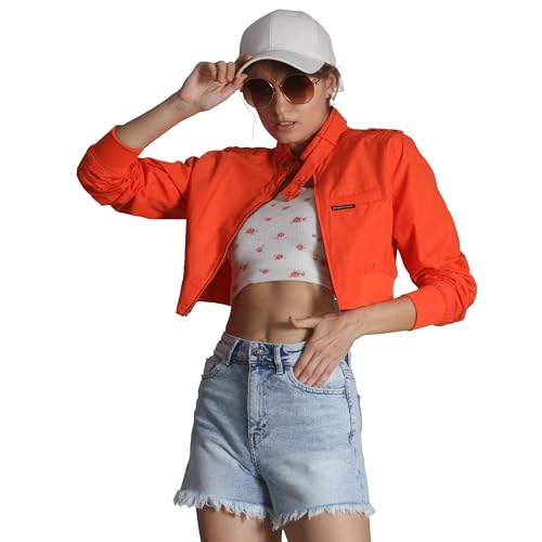 Members Only Mini Cropped Jacket Women Trendy Racer Jacket - Orange XS