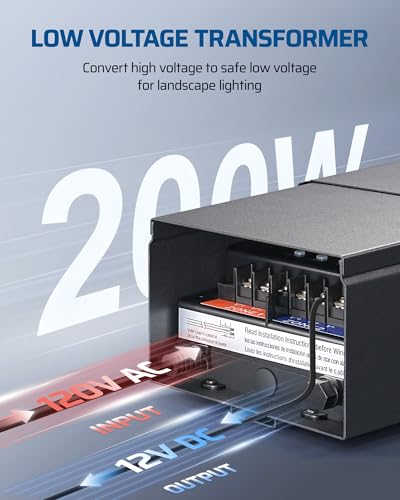 Image of DEWENWILS 200W Low Voltage Landscape Transformer with 2 Zones, 120V AC to 15V DC, Low Voltage Transformer with LED Screen, Photocell Sensor & Timer, Outdoor Metal Shell for Spotlight Steplight