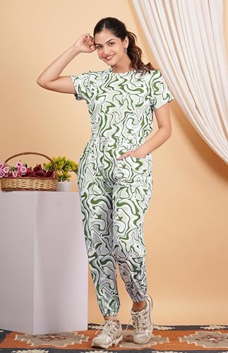 Image of Women Printed T-Shirt and Track Pant Set | Cotton Co-Ord Night Suit for Women | Lounge Wear, Sleepwear, Gym Wear | Half Sleeve Top & Elastic Waist Joggers | Stylish