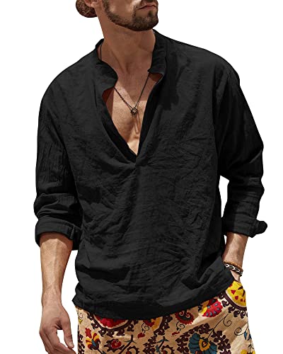 NANAMEEI Camisa básica para hombre, cuello en V, para verano, otoño, monocolor, para hombre, Negro , XXL Cover