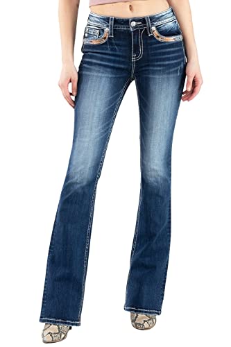 Miss Me Women's Mid Rise Autum Leaf Border Bootcut Jeans with Faux Flap Pockets2