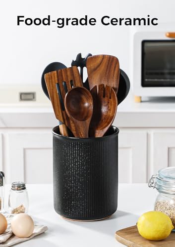Image of LoeJan Utensil Holder, Extra Large Utensil Crock, Stable Ceramic Utensil Organizer, Cooking Tool Organizer Set for Kitchen Counter Farmhouse Decor, Textured Black